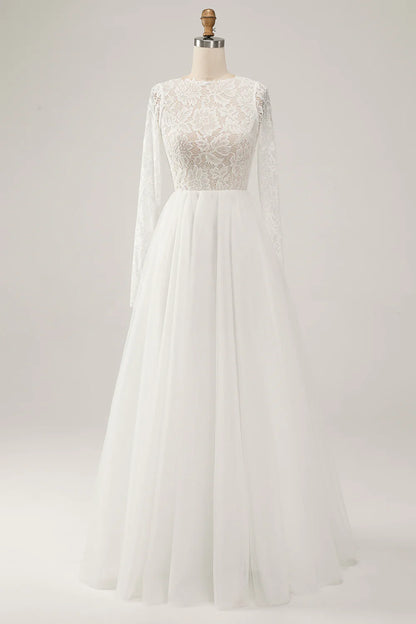 A Line Backless Long Sleeves Wedding Dress with Lace