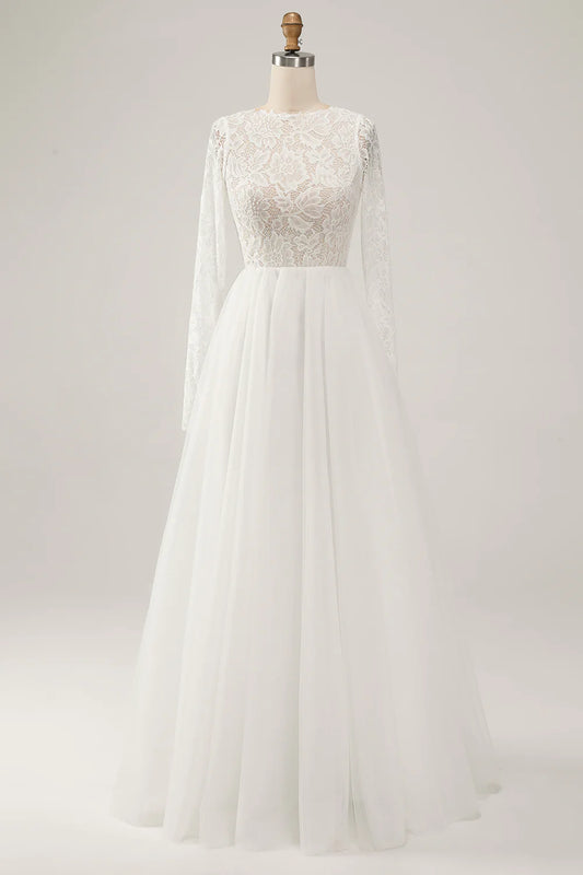 A Line Backless Long Sleeves Wedding Dress with Lace