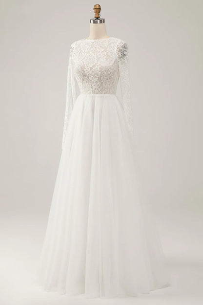A Line Backless Long Sleeves Wedding Dress with Lace