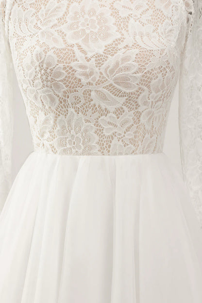 A Line Backless Long Sleeves Wedding Dress with Lace