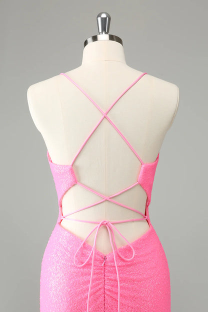 Pink Bodycon Spaghetti Straps Sequins Short Homecoming Dress