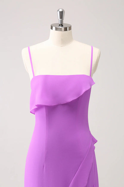 Sheath Spaghetti Straps Ruffle Long Bridesmaid Dress with Slit
