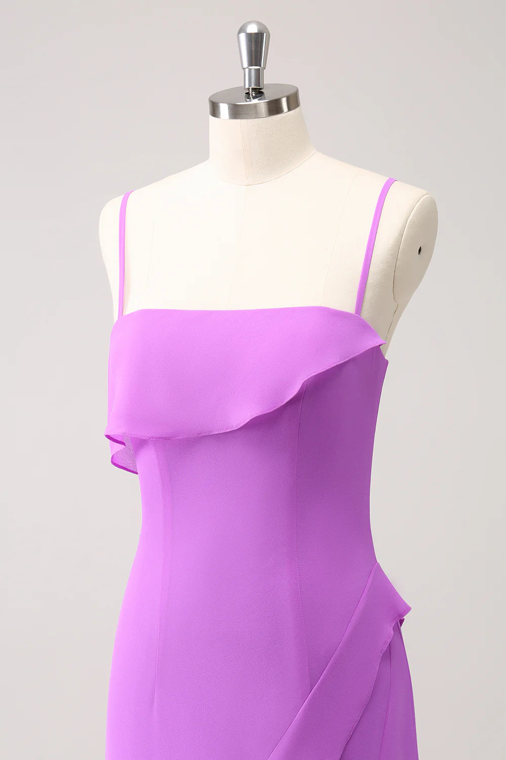 Sheath Spaghetti Straps Ruffle Long Bridesmaid Dress with Slit