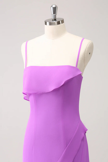 Sheath Spaghetti Straps Ruffle Long Bridesmaid Dress with Slit
