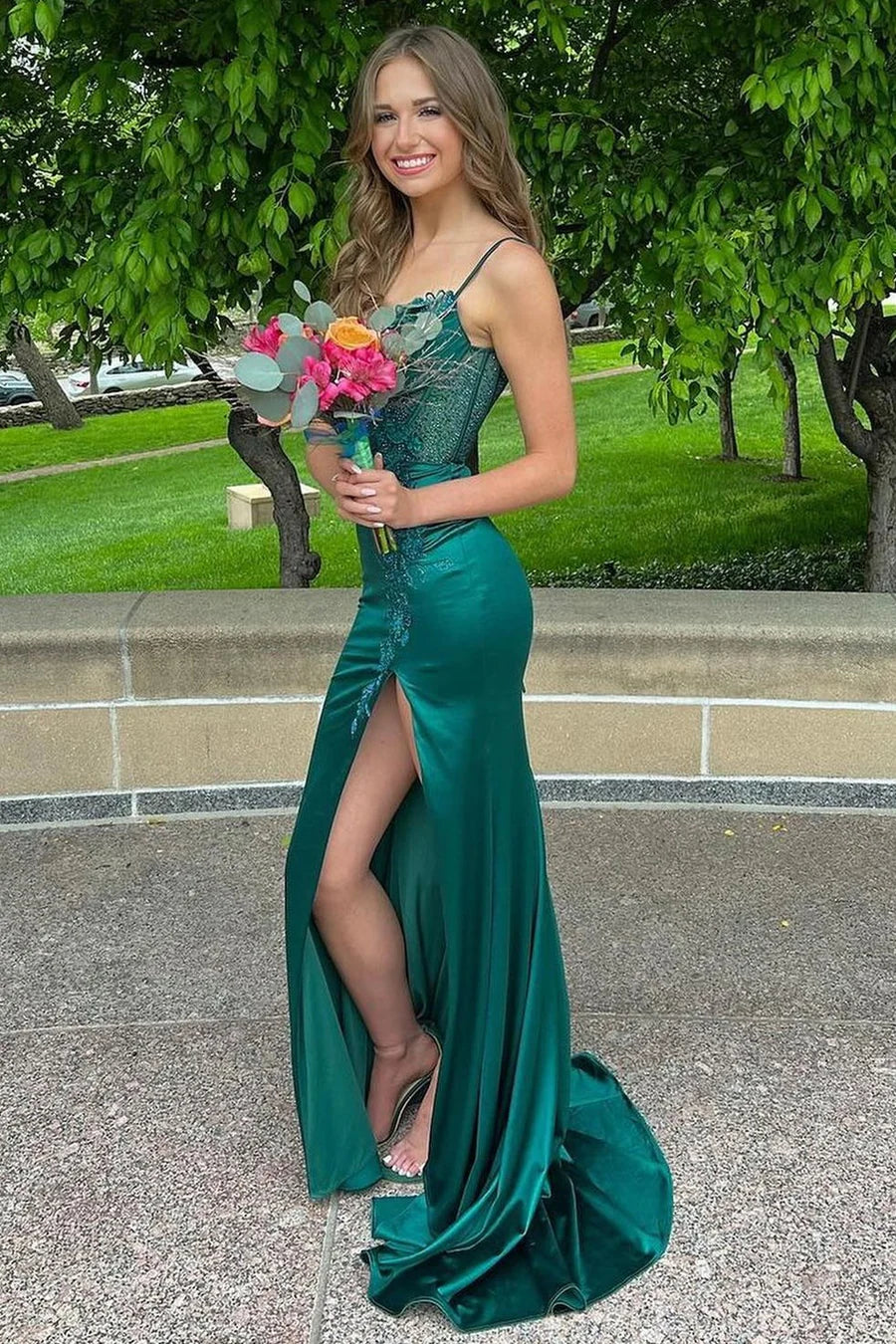 Spaghetti Strap Appliques Mermaid Long Dress with Slit