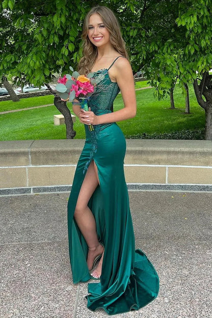 Spaghetti Strap Appliques Mermaid Long Dress with Slit