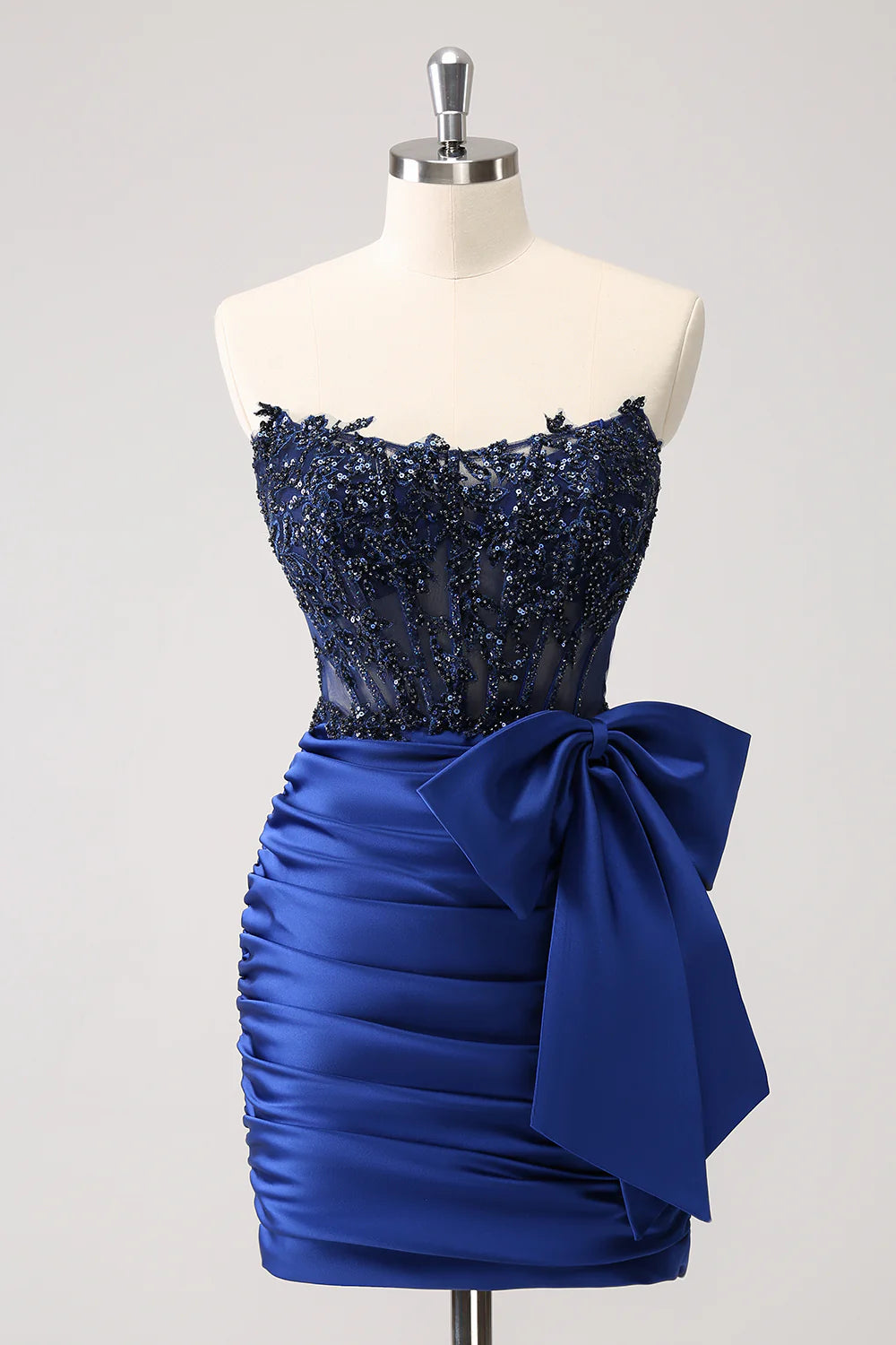 Navy Tight Strapless Corset Pleated Short Beaded Homecoming Dress