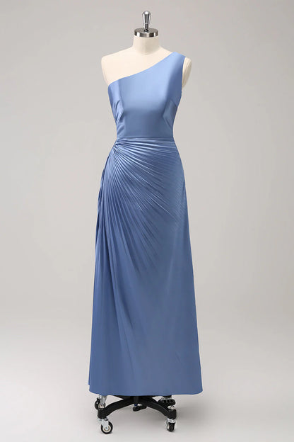 Sheath One Shoulder Satin Keyhole Long Bridsmaid Dress