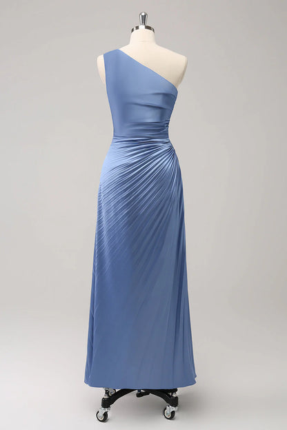 Sheath One Shoulder Satin Keyhole Long Bridsmaid Dress
