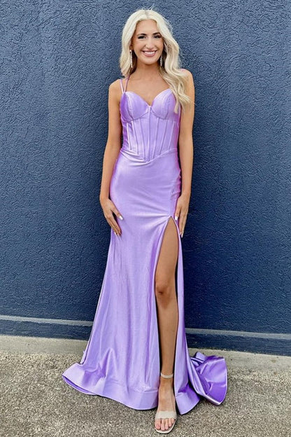 Corset Spaghetti Strap Mermaid Long Dress with Slit