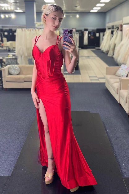 Corset Spaghetti Strap Mermaid Long Dress with Slit