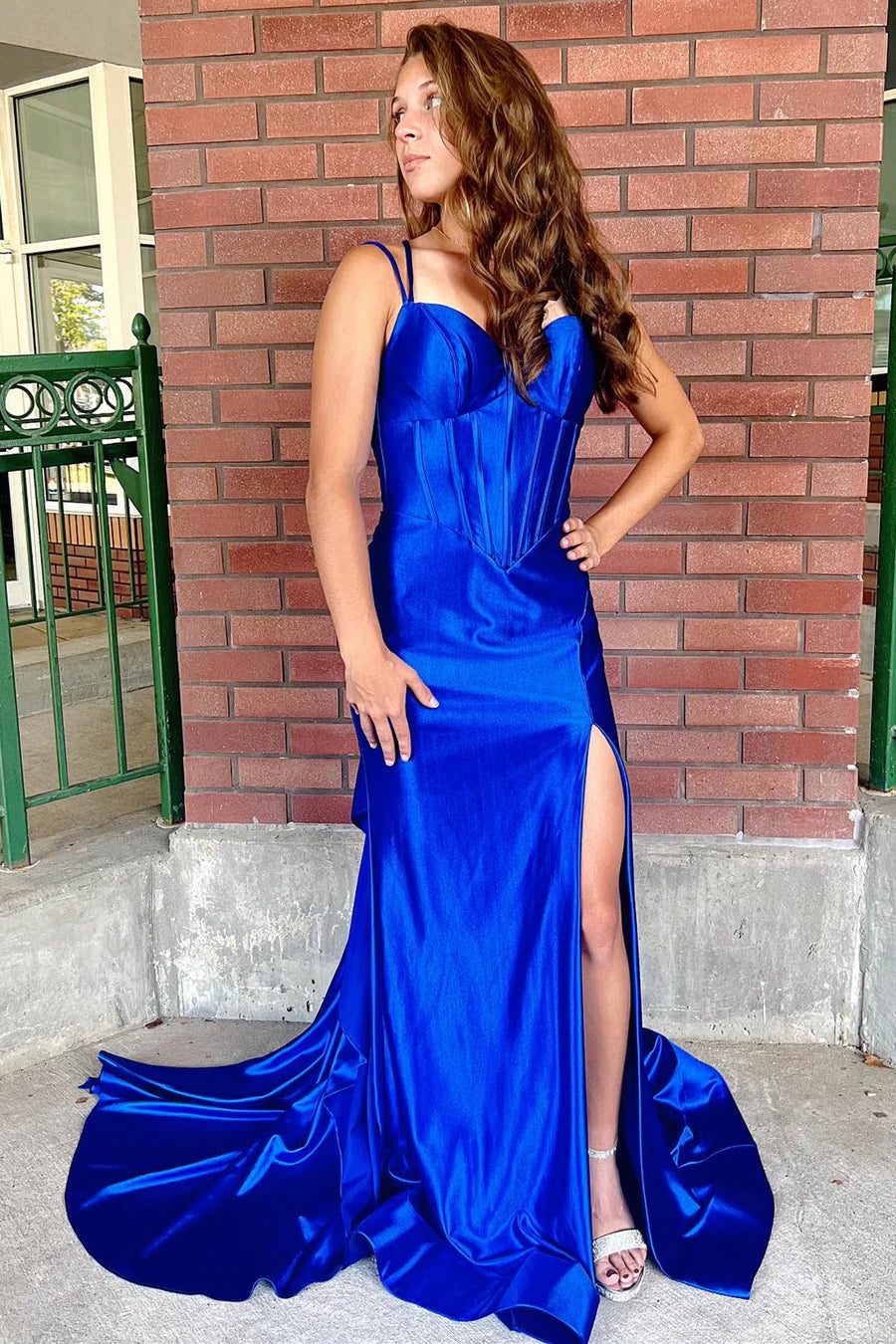 Corset Spaghetti Strap Mermaid Long Dress with Slit