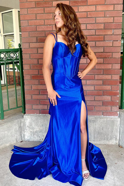 Corset Spaghetti Strap Mermaid Long Dress with Slit