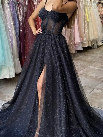 Black sweetheart neck tulle lace long prom dress black prom dress