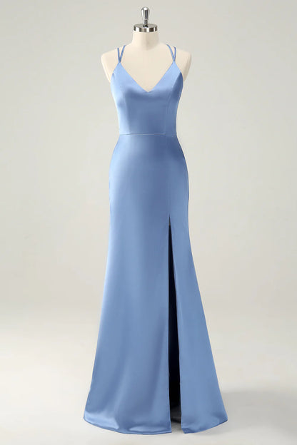 Mermaid Spaghetti Straps Satin Long Bridesmaid Dress with Slit
