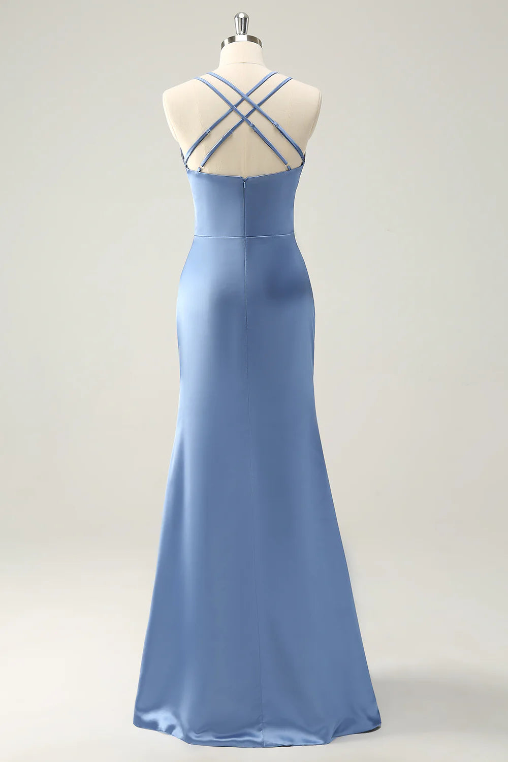 Mermaid Spaghetti Straps Satin Long Bridesmaid Dress with Slit