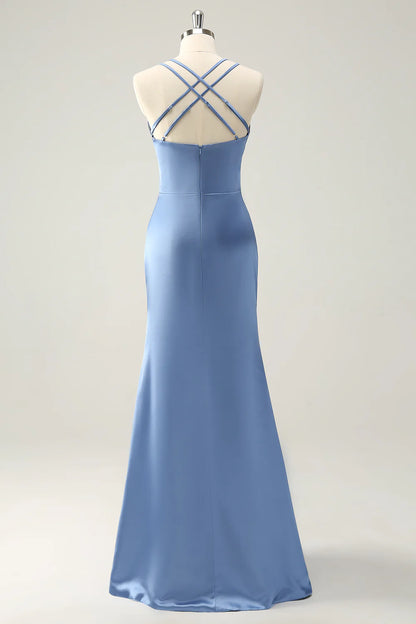 Mermaid Spaghetti Straps Satin Long Bridesmaid Dress with Slit