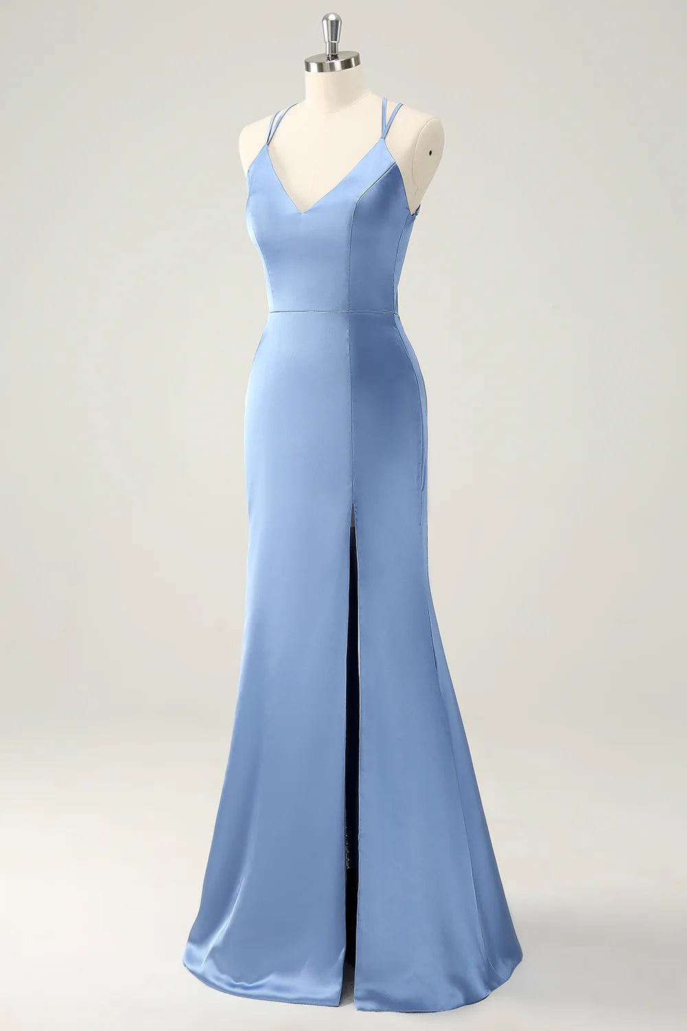 Mermaid Spaghetti Straps Satin Long Bridesmaid Dress with Slit
