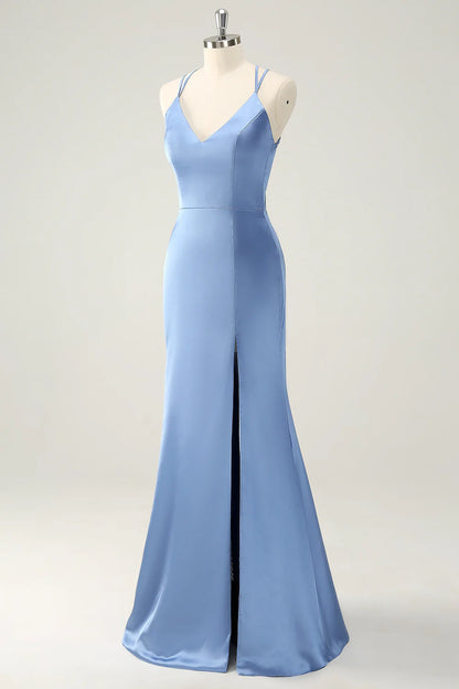 Mermaid Spaghetti Straps Satin Long Bridesmaid Dress with Slit