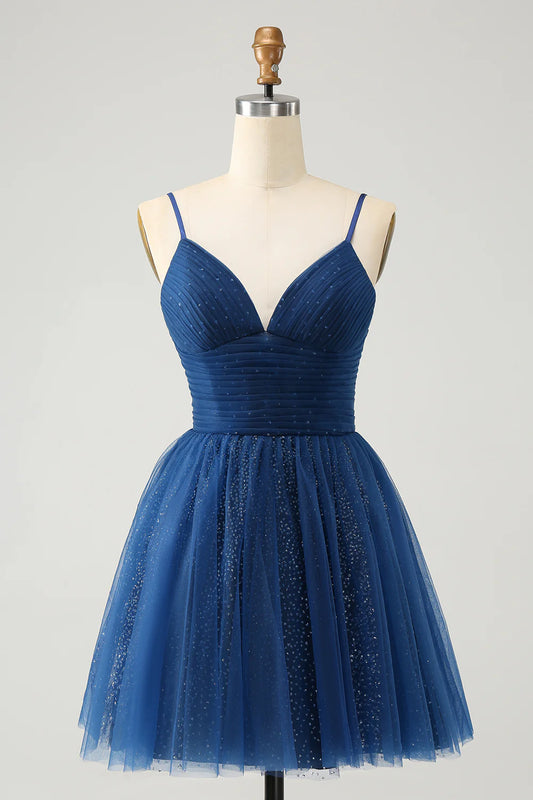 A Line Spaghetti Straps Pleated Tulle Short Homecoming Dress