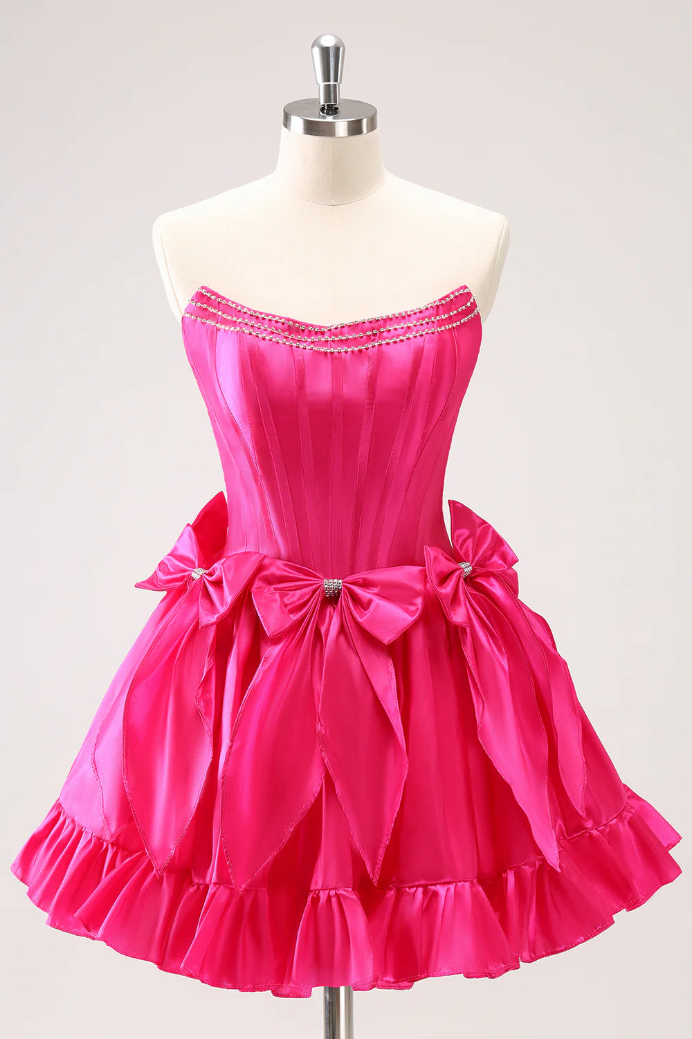 Fuchsia A Line Strapless Corset Ruffle Beaded Homecoming Dress