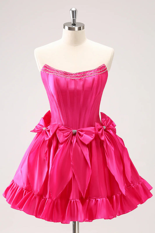 Fuchsia A Line Strapless Corset Ruffle Beaded Homecoming Dress