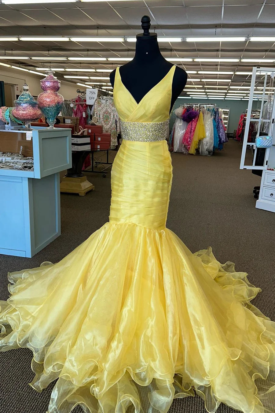 Surplice Backless Ruffle Beaded Trumpet Long Gown