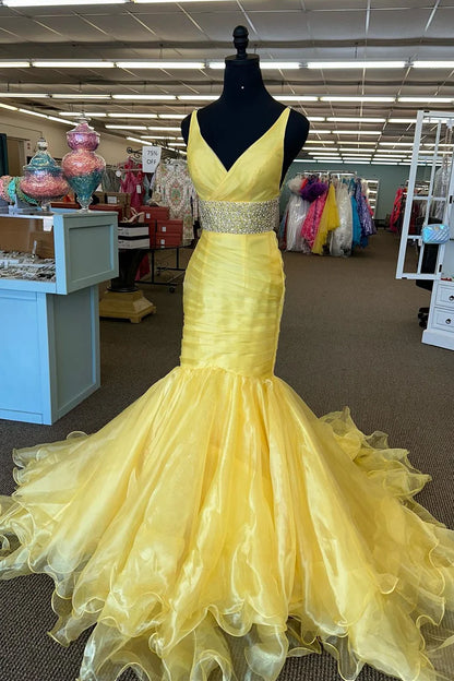 Surplice Backless Ruffle Beaded Trumpet Long Gown
