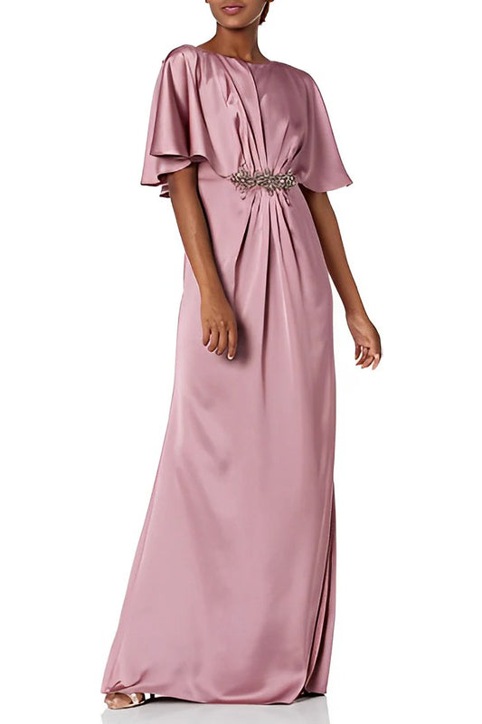 Boat Neck Short Sleeve Pleated Brooch Front Zipper Back Satin Mother of the Bride Dresses