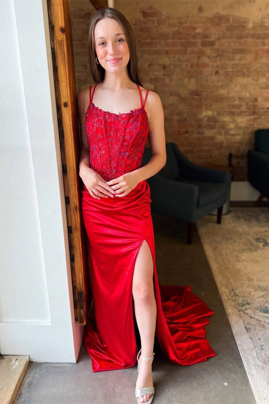 Appliques Lace-Up Mermaid Long Formal Dress with Slit