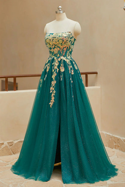 A-line strapless thin gauze slit ball party dress
