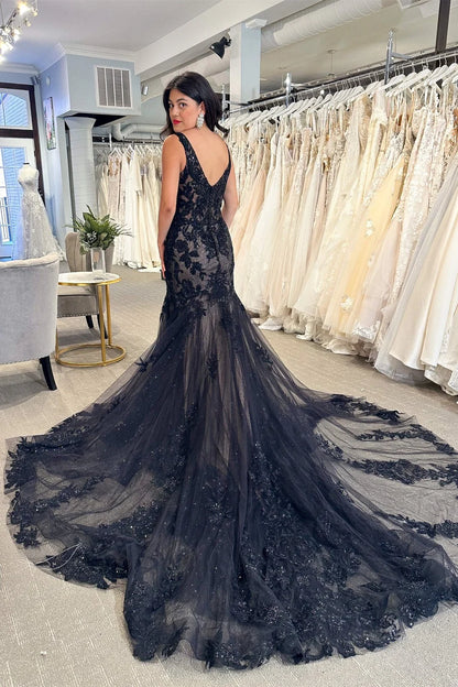 Tulle Appliques V-Neck Trumpet Long Wedding Dress