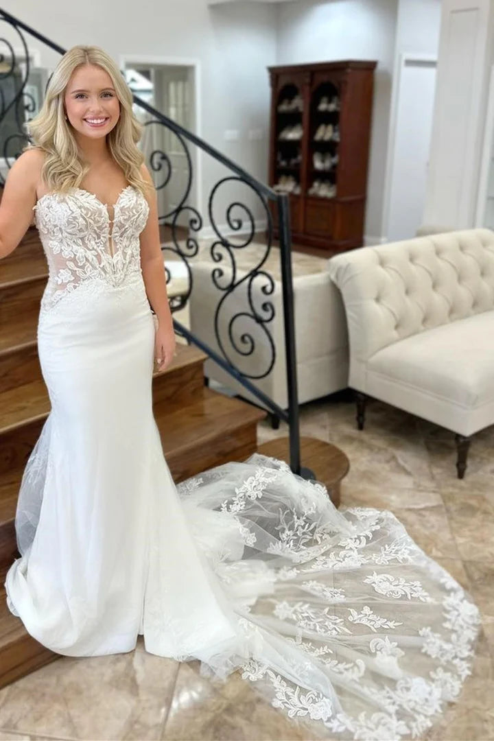 Strapless Appliques Trumpet Long Bridal Gown