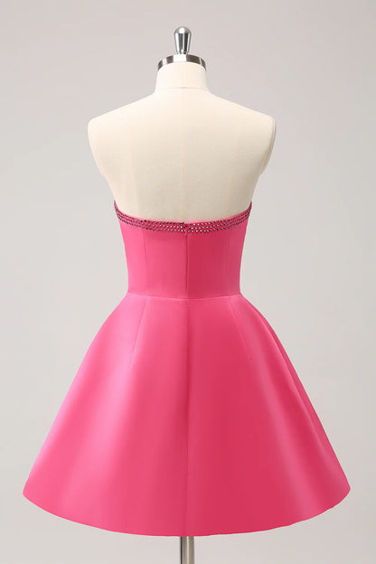 Hot Pink A Line Strapless Cut Out Homecoming Dress