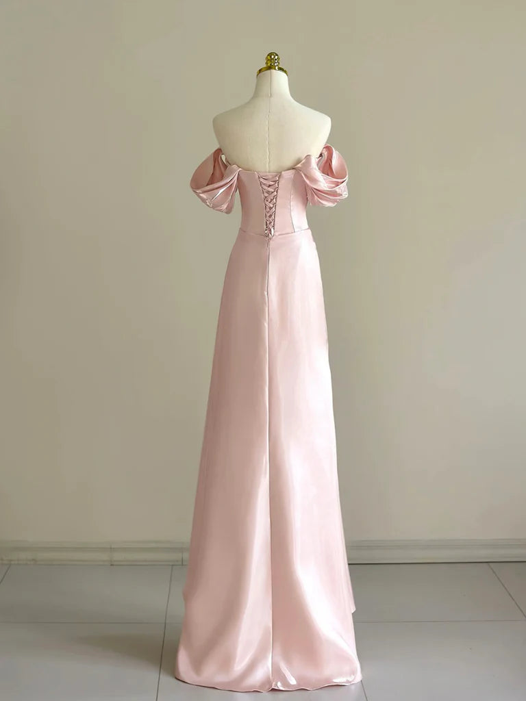 A-Line Off Shoulder Pink Long Evening Dresses Pink Long Formal Dress with Beads