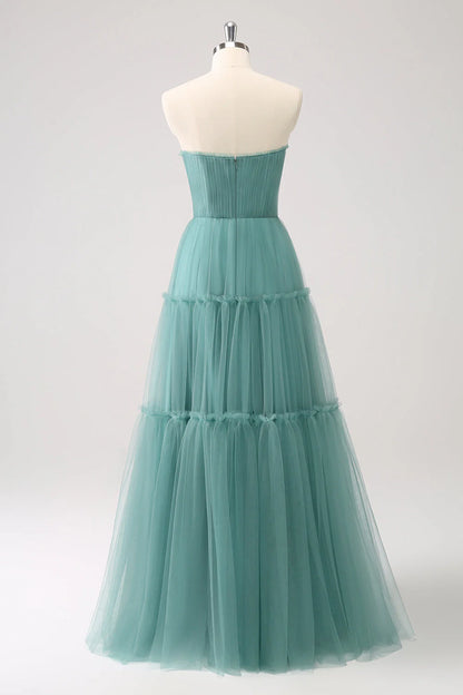 A Line Strapless Corset Tulle Long Bridesmaid Dress
