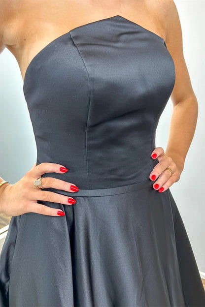Black Strapless A-Line Long Prom Dress