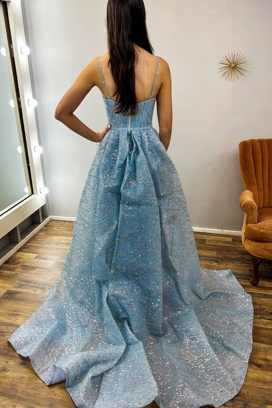 Sequin Lace V-Neck Long Formal Dress with Attached Train