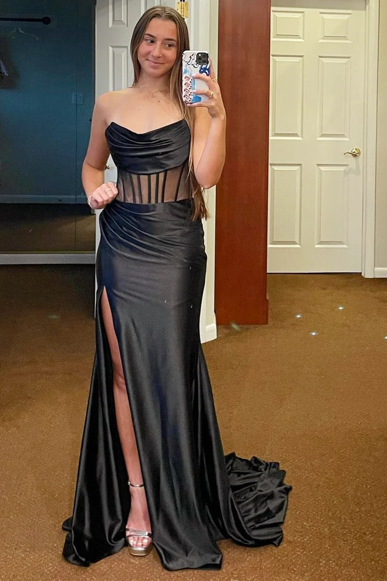 Strapless Sheer Bodice Mermaid Long Formal Dress