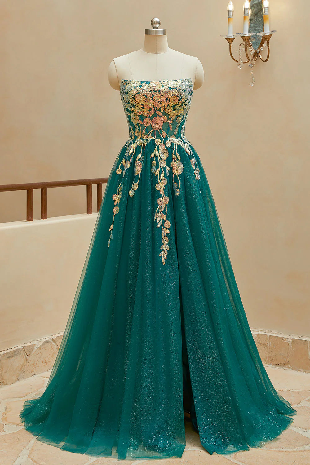 A-line strapless thin gauze slit ball party dress