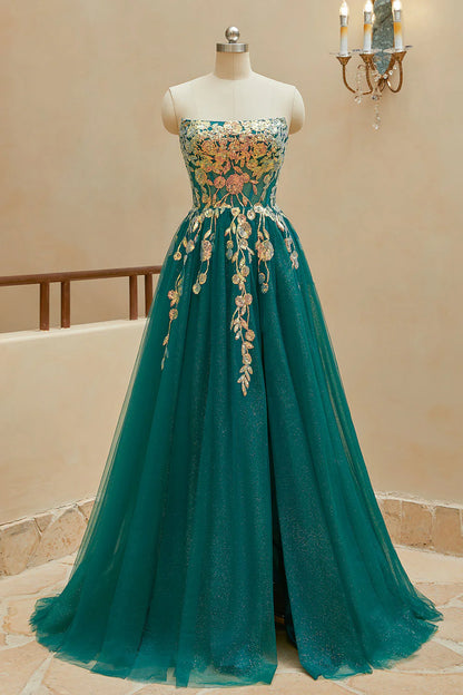 A-line strapless thin gauze slit ball party dress