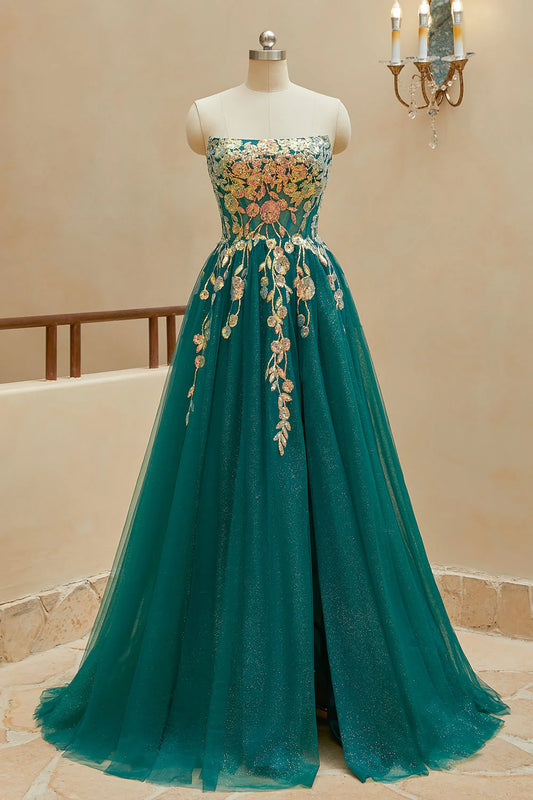 A-line strapless thin gauze slit ball party dress