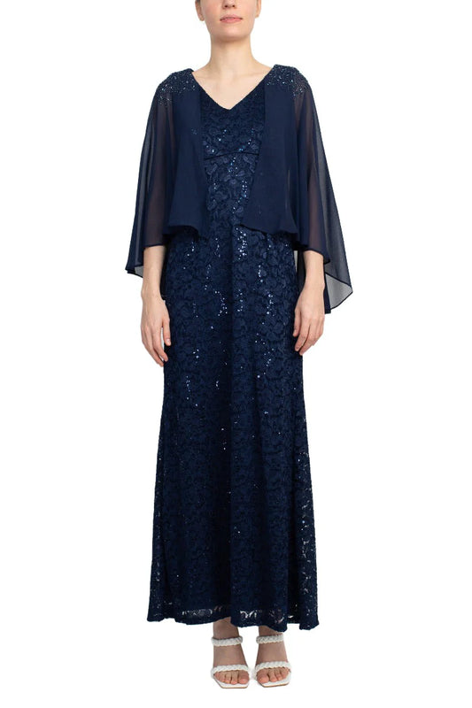 Fashion V-Neck Back Zipper Cape Sleeves Lace Long Mother of the Bride Dresses