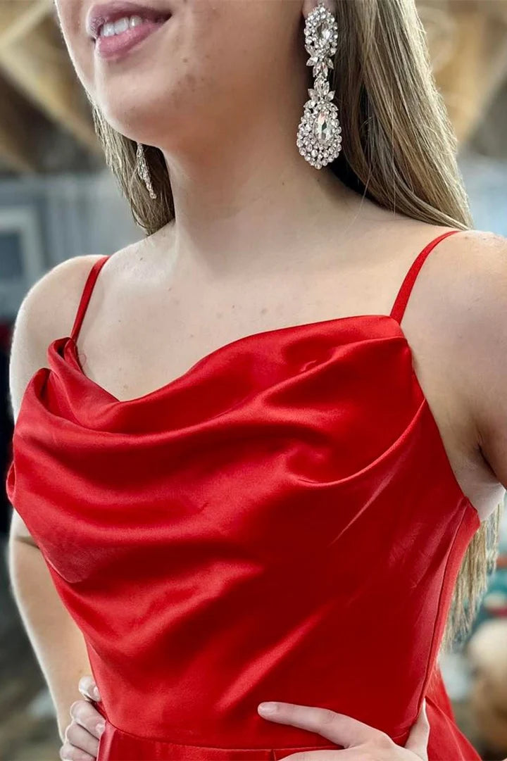 Cowl Neck Spaghetti Strap A-Line Long Prom Dress