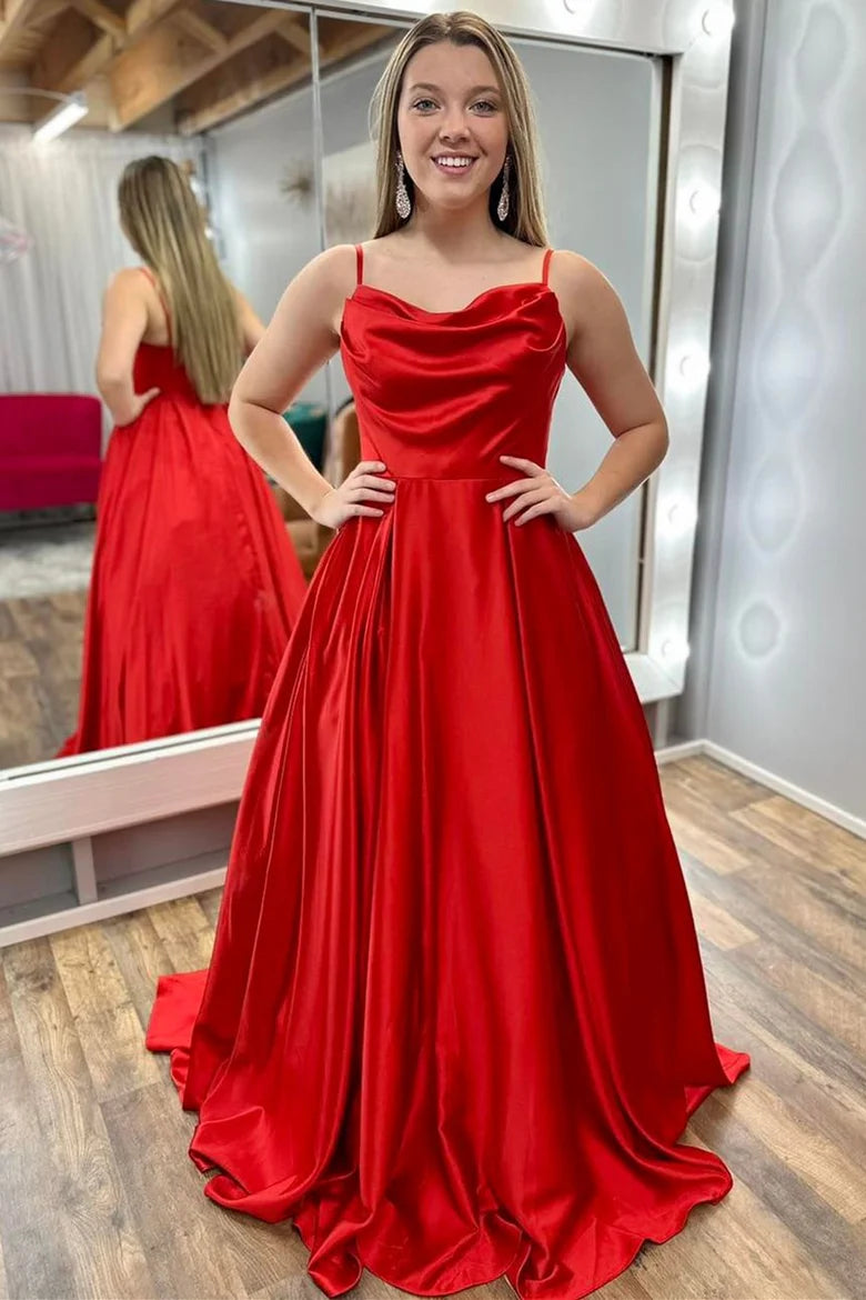 Cowl Neck Spaghetti Strap A-Line Long Prom Dress