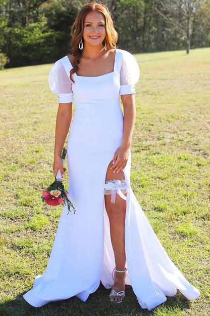 Square Neck Puff Sleeve Mermaid Long Dress with Slit