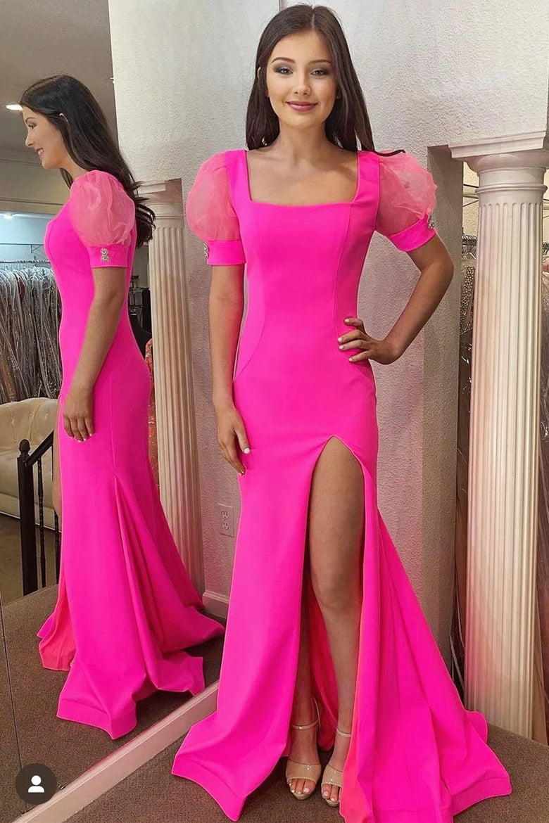 Square Neck Puff Sleeve Mermaid Long Dress with Slit