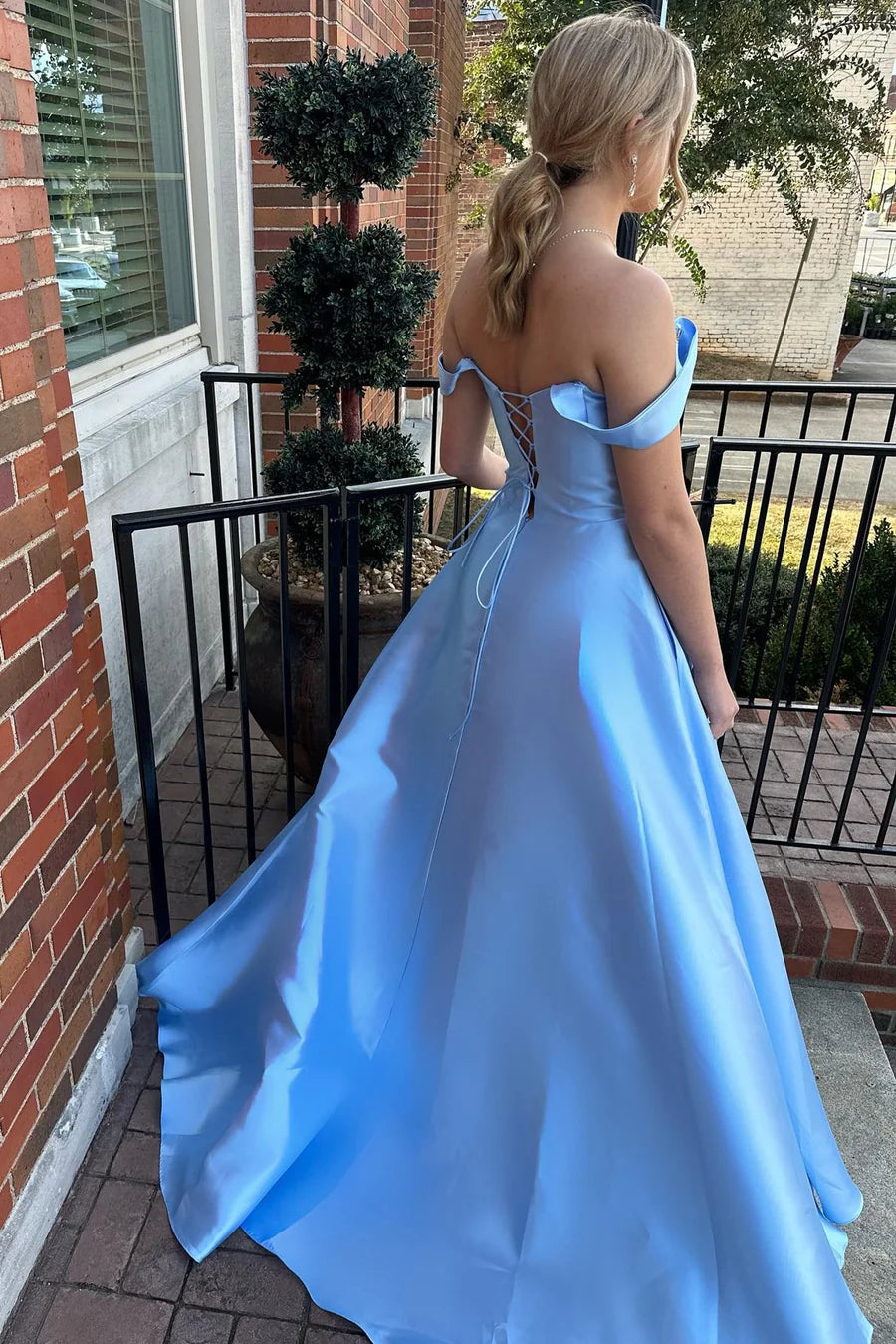 Off-the-Shoulder Lace-Up Ball Gown