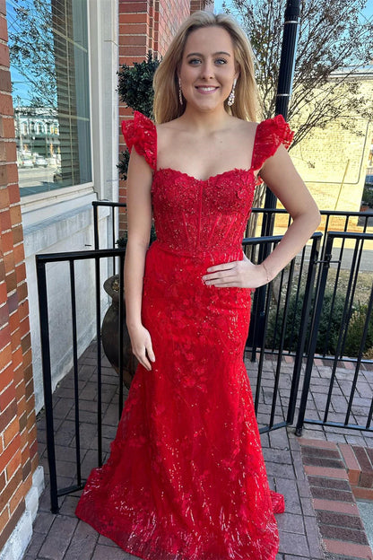 Appliques Sweetheart Flutter Sleeve Mermaid Long Prom Dress