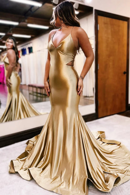 V-Neck Lace-Up Trumpet Long Formal Dress